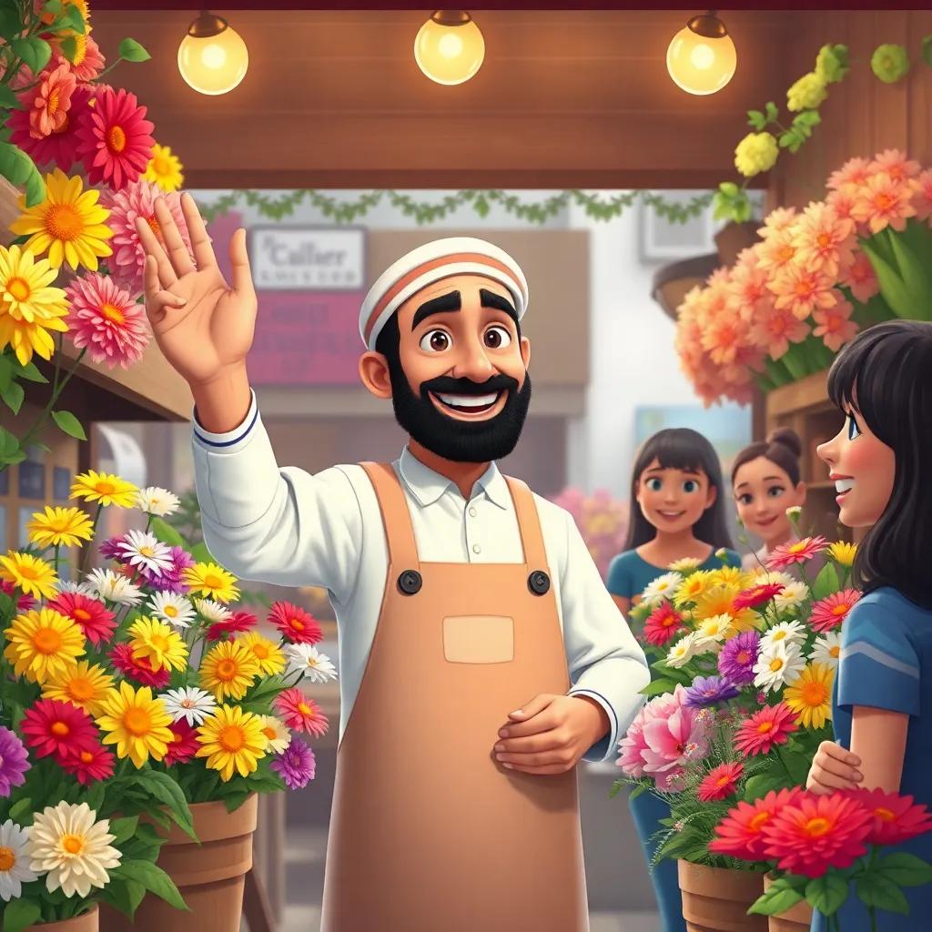 Sami, the flower seller, welcoming customers into his shop with enthusiasm, surrounded by lovely flowers of many colors, customers smiling and chatting happily, digital painting, friendly ambiance, engaging