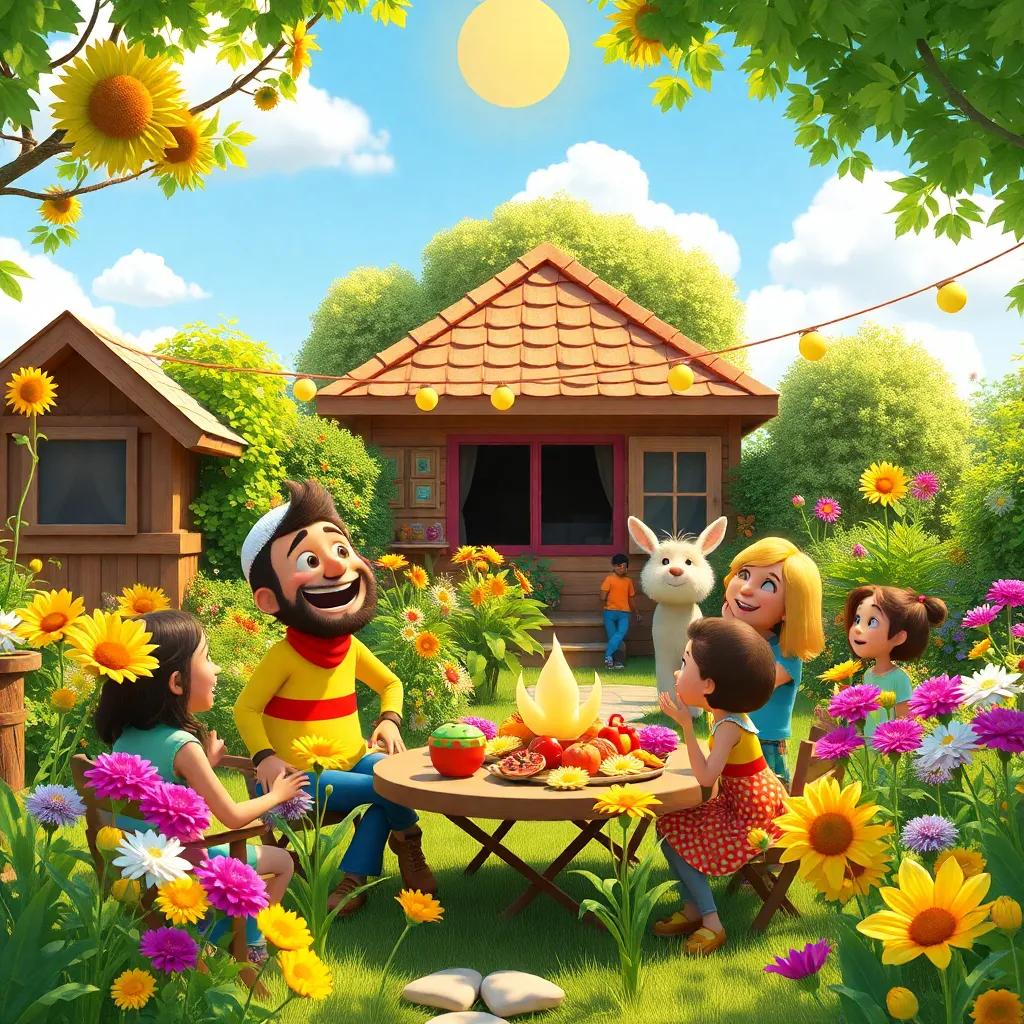 A sunny day in Sami's vibrant garden where he hosts a joyful party, with neighbors and friends enjoying the beautiful flowers, laughter and warmth around, colorful, cheerful, storytelling view, fantasy