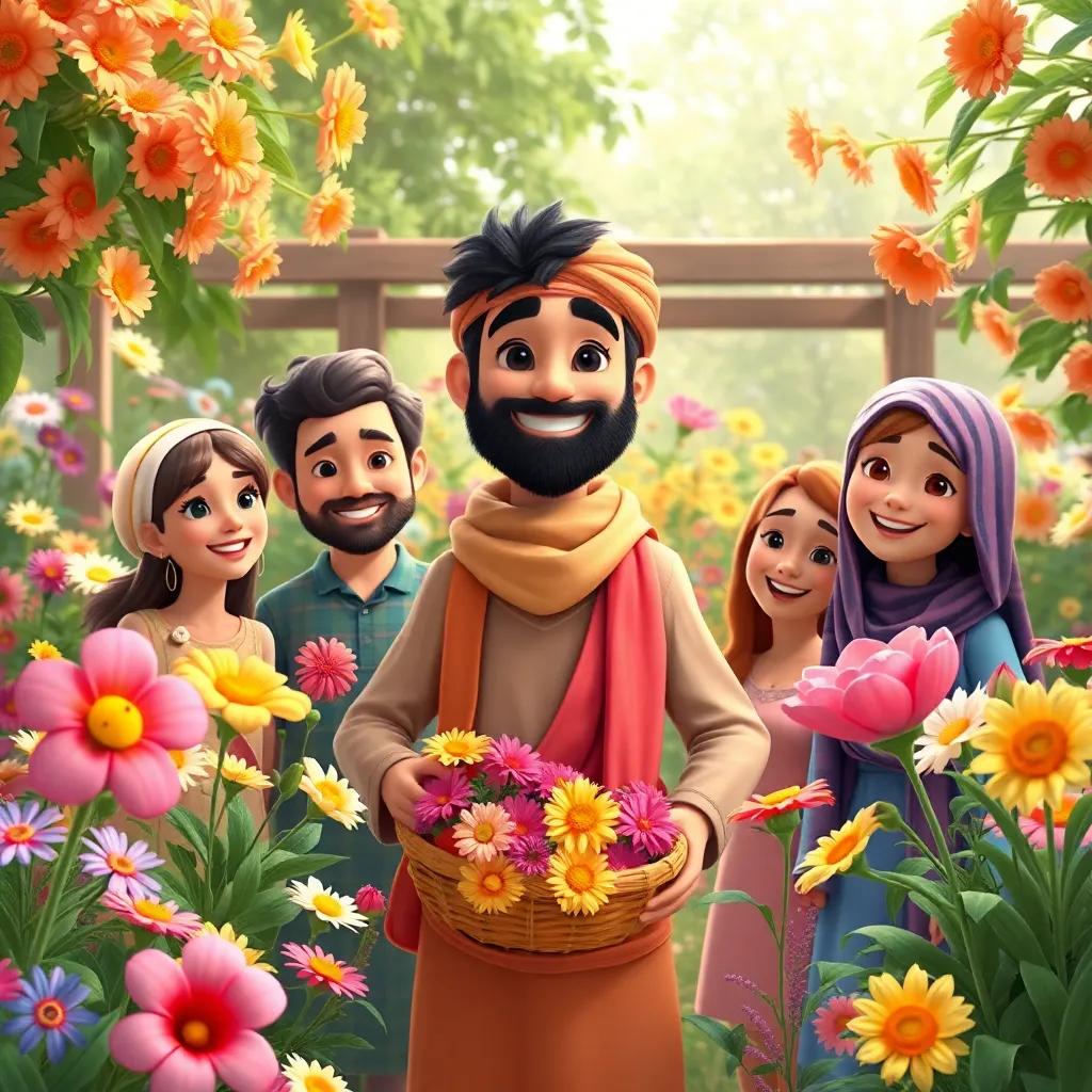 Sami, the flower seller, standing proudly with his friends in the garden, surrounded by beautiful flowers, everyone smiling and appreciating the beauty of the flowers, heartwarming, rich colors, uplifting atmosphere