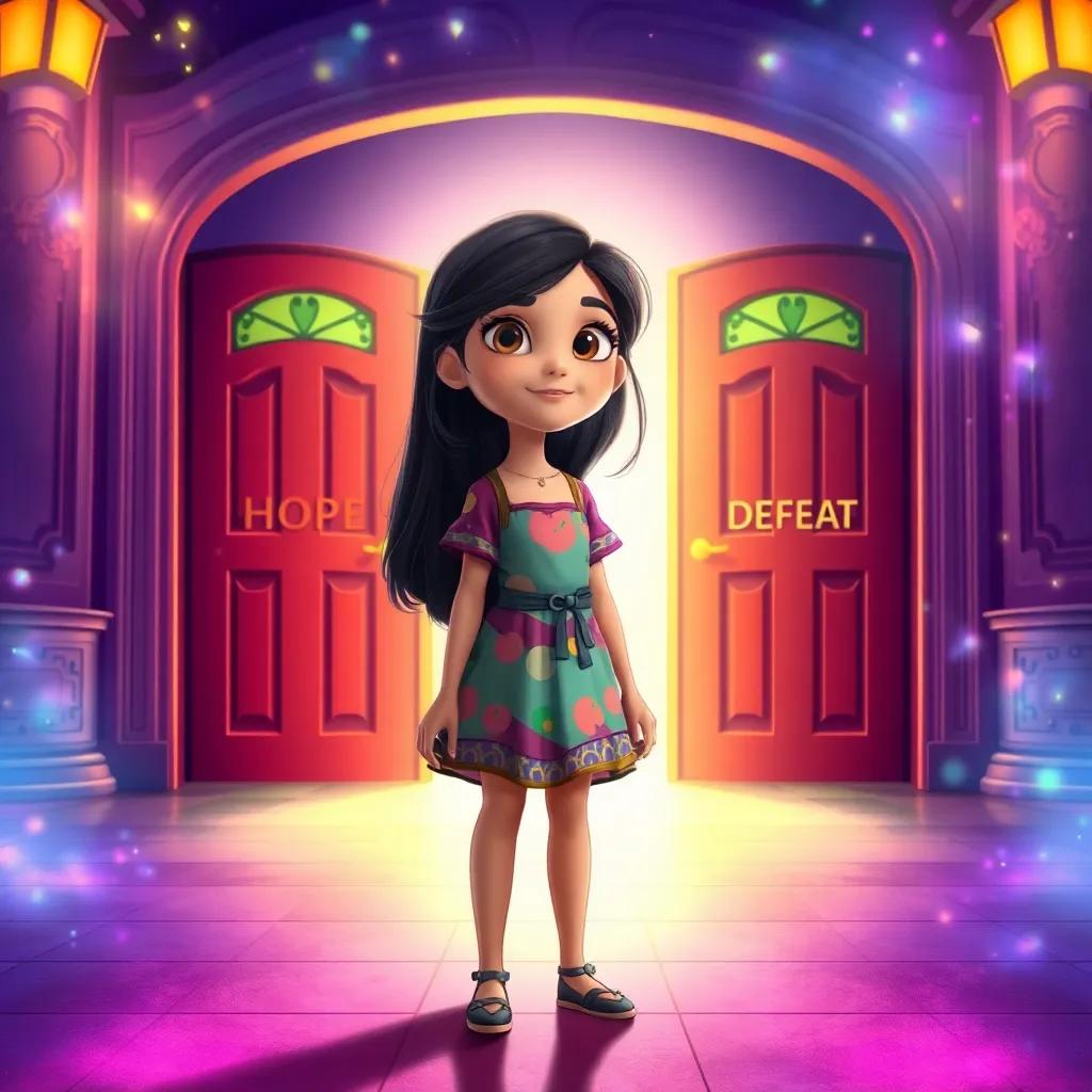 A brave girl, Amal, with long dark hair and wearing a colorful dress, standing in front of two doors, one labeled 'Hope' and the other 'Defeat', in a vibrant room filled with light, magical ambiance, illustration, engaging and mystical scene, inviting atmosphere