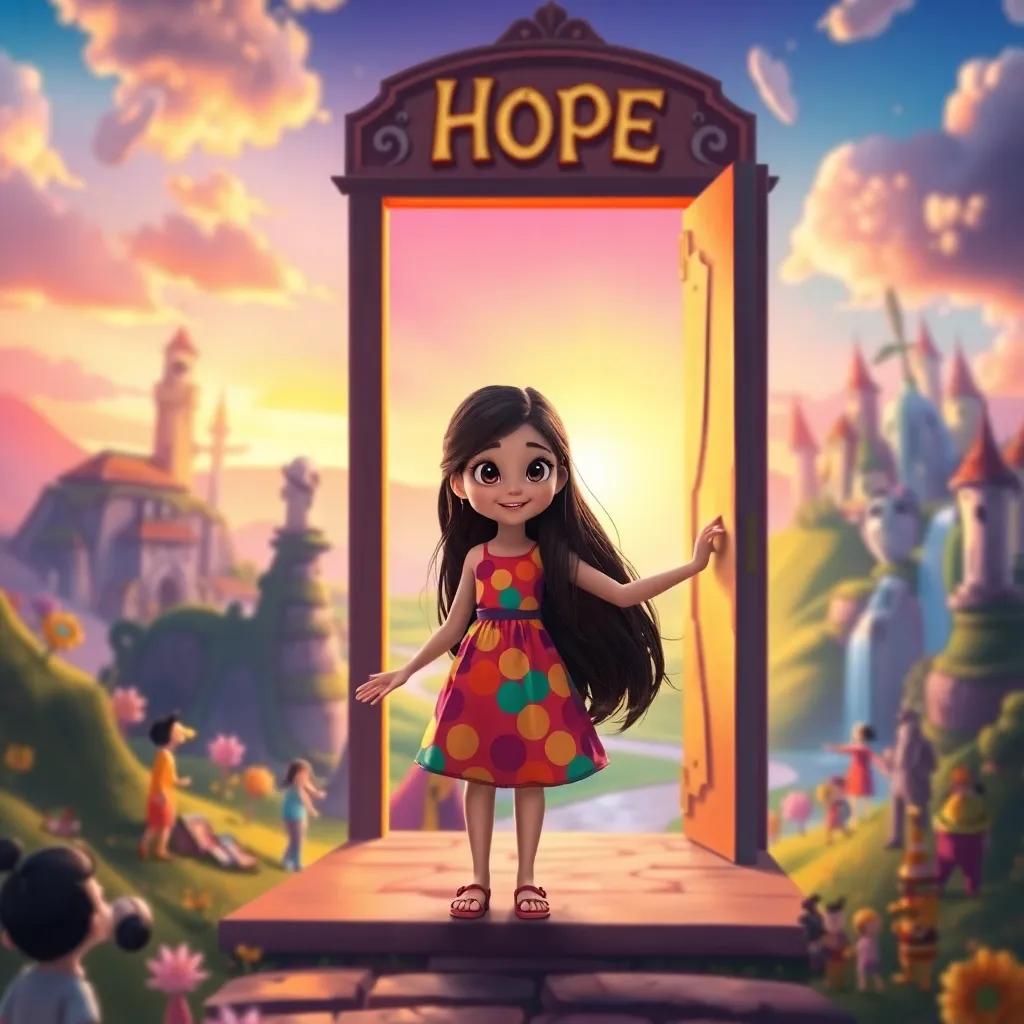 Amal, a brave girl with long dark hair in a colorful dress, opening the 'Hope' door to a magical world, surrounded by colorful landscapes and cheerful people, vibrant colors, warm light, joyful perspective, uplifting quality, magical artwork