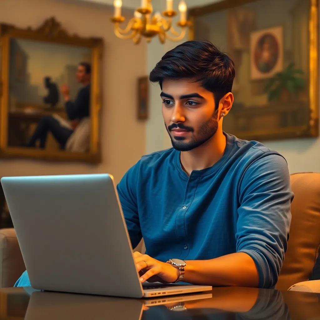 Basil, a young Arab man, 25 years old, with short black hair and wearing a casual blue shirt, sitting in a modern living room, working on a laptop, focused expression, digital art, detailed, warm colors, inviting atmosphere