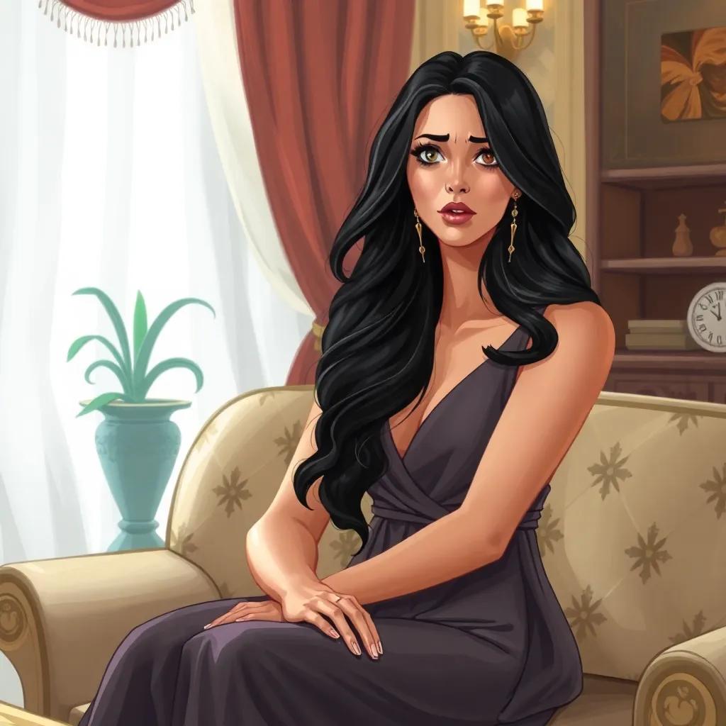 Fida, the beautiful 40-year-old Arab woman, with long dark hair and wearing a stylish dress, sitting on a sofa, looking worried while talking to Basil, bright interior, illustration, emotional, engaging scene
