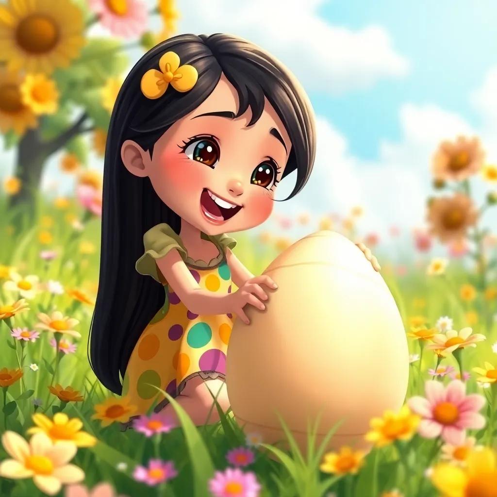 A beautiful girl named Bana, with long black hair wearing a colorful dress, excitedly discovering a large egg in a sunny field filled with flowers, cartoonish style, vibrant colors, cheerful light, high angle, playful atmosphere, high quality