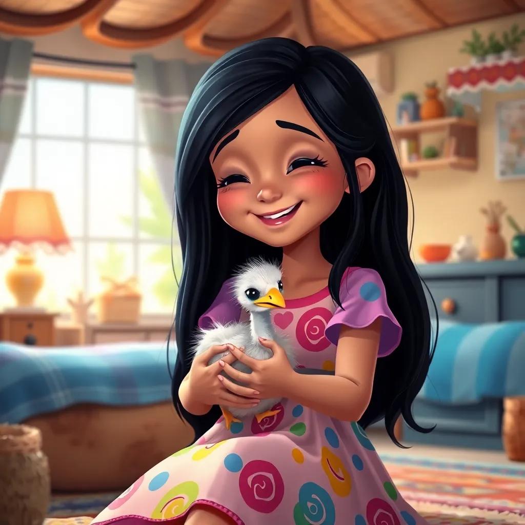 Bana, a beautiful girl with long black hair wearing a colorful dress, joyfully holding a newly hatched ostrich chick in her arms, sitting in her cozy home filled with laughter and warmth, whimsical art, bright colors, inviting light, eye-level, heartwarming scene, high quality