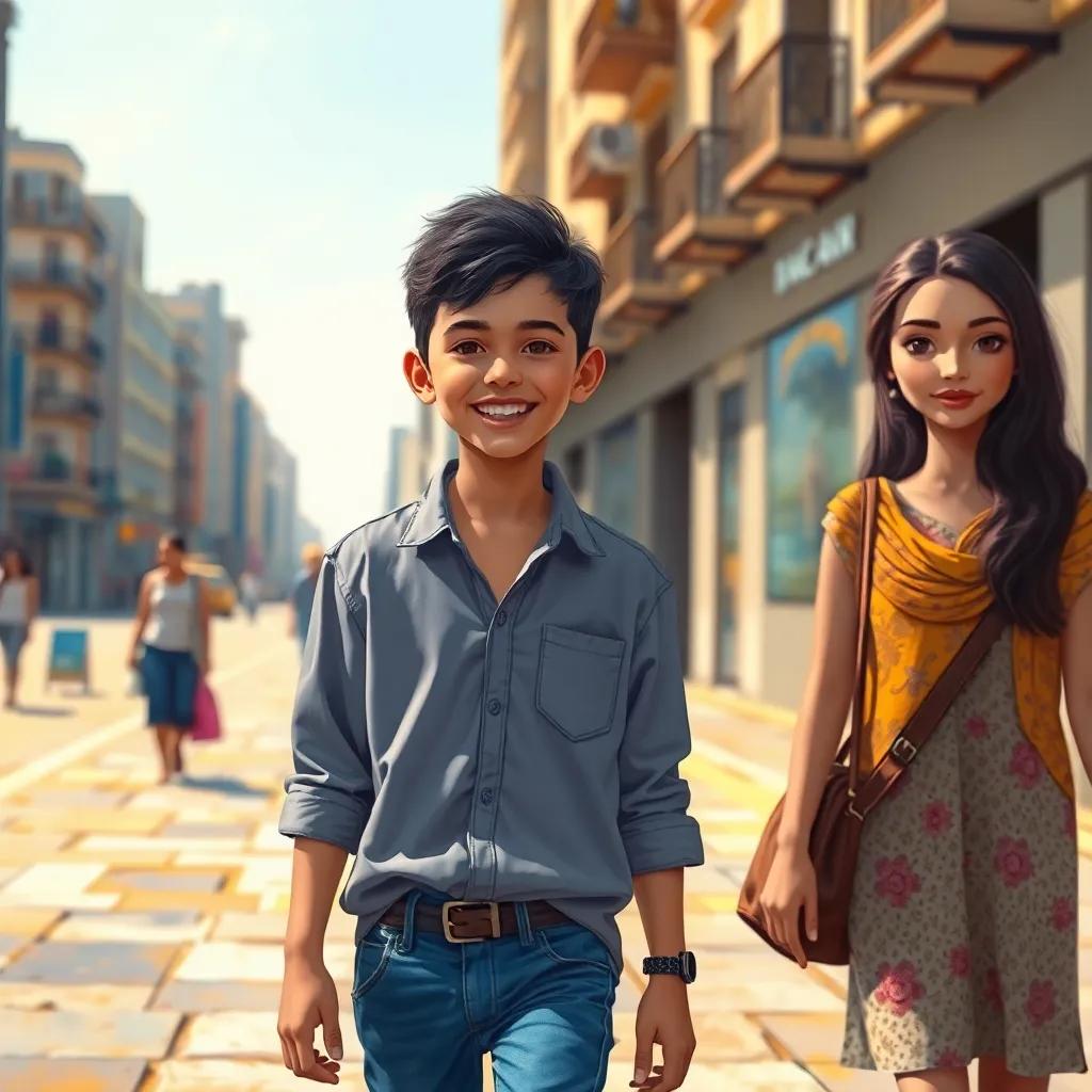 A young Arab boy, Bani, with short black hair, wearing a casual shirt and jeans, walking happily on a sunny day, passing by a tall girl with a heavily made-up face, city background, digital art, warm sunlight, cheerful atmosphere, inviting vibe, high quality