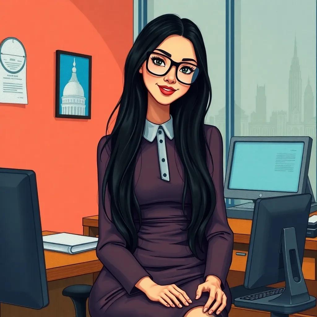 A tall Arab girl with long black hair, wearing an elegant dress and oversized glasses, sitting at a desk with a computer at an office, looking formal yet friendly, illustration, bright colors, professional setting, heightened detail, high quality
