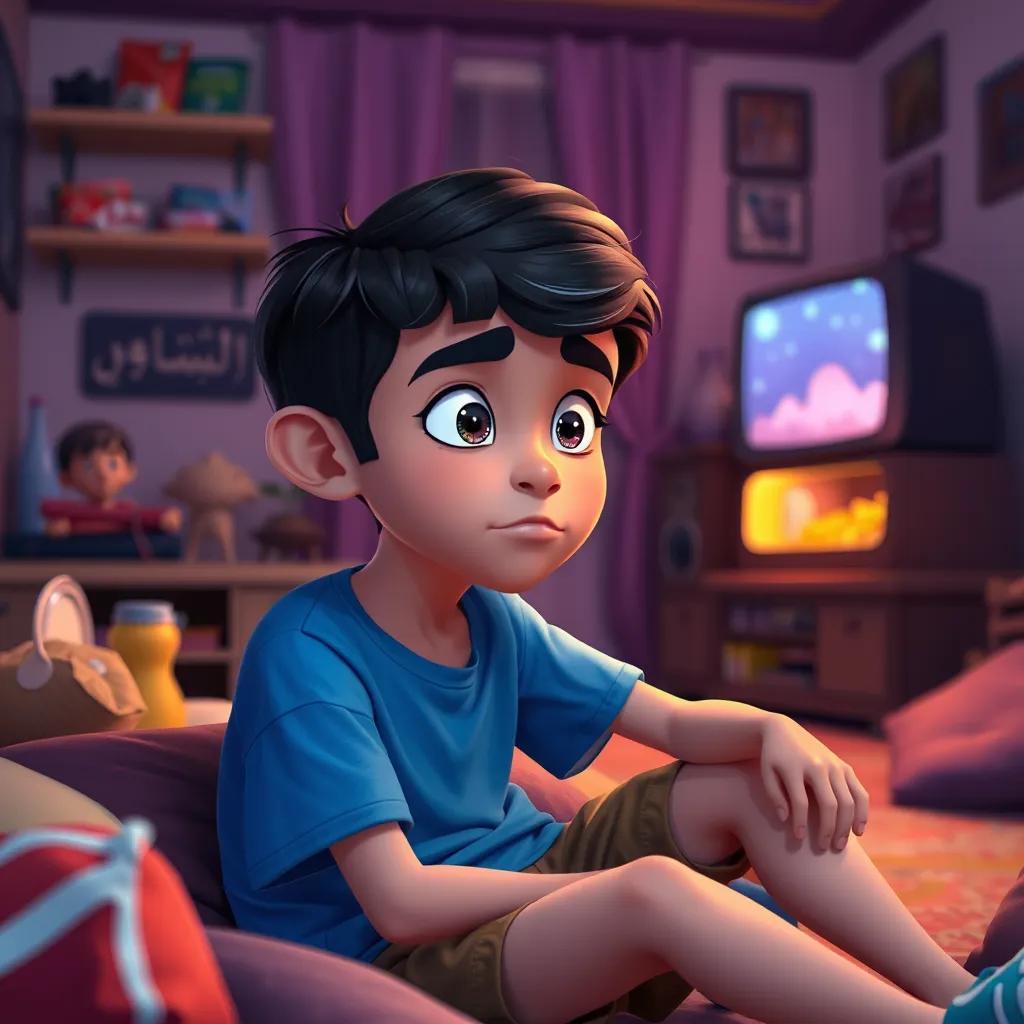 A young Arab boy, Baher, with short black hair, wearing a blue t-shirt and brown shorts, sitting in a room with a TV and snacks, feeling lazy and bored, digital art, colorful and vibrant, cozy atmosphere, high quality