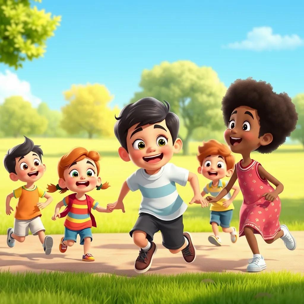 A group of children in a bright park, calling to Baher to join them in a fun race, smiling and playing, trees and grass in the background, cheerful illustration, lively colors, playful scene, high quality