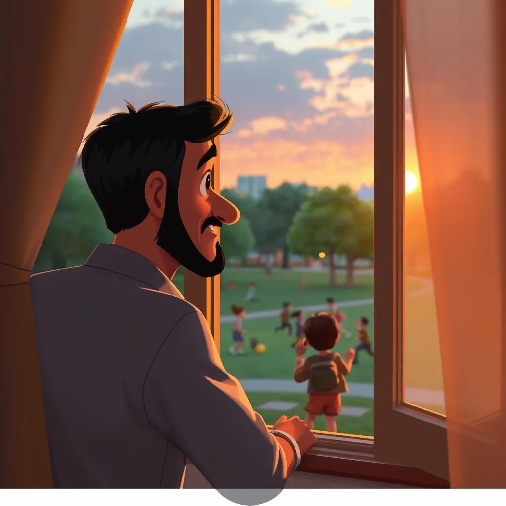 Baher looking out of his window at the children playing in the park, a thoughtful expression on his face, sunset in the background, warm light, digital art, inviting atmosphere, high quality