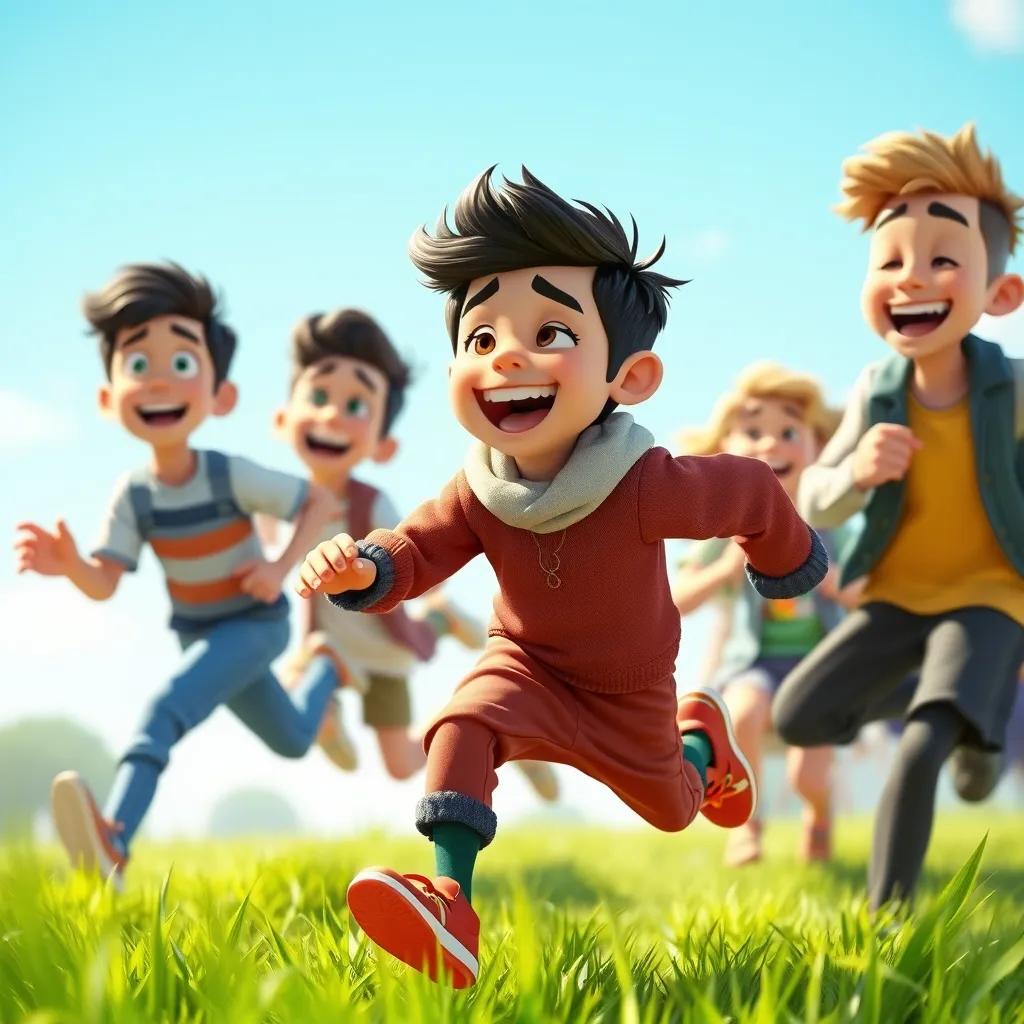 Baher running outside with his friends, laughing and enjoying a game, bright blue sky and green grass around them, action-packed illustration, joyous mood, high quality