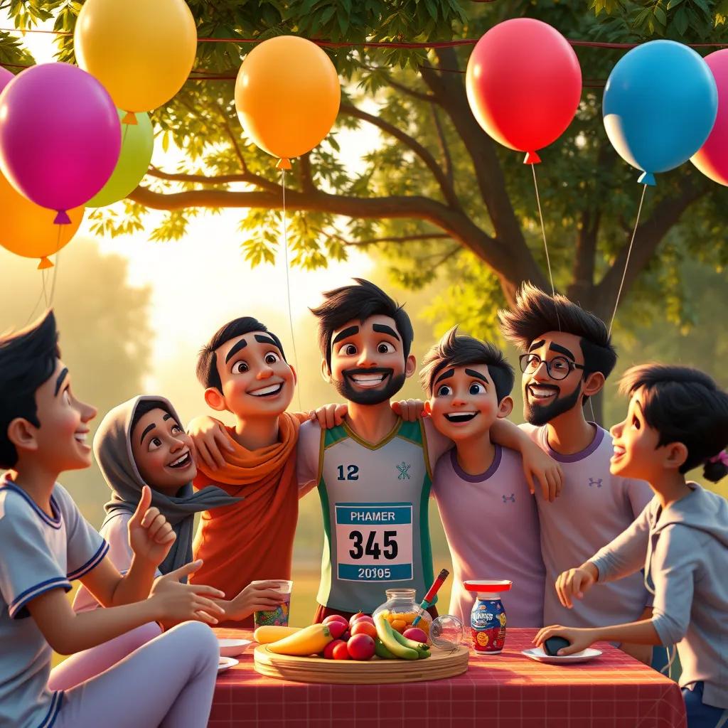 Baher and his friends celebrating together after a race, smiles all around, with colorful balloons and a picnic in the park, warm evening light, happy scene, high quality