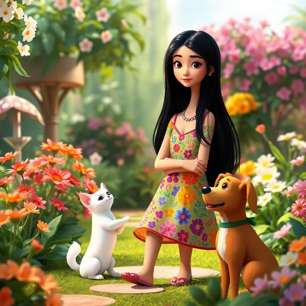 A beautiful tall girl, Layla, with long black hair wearing a colorful dress, playing in a luxurious garden with her white cat and brown dog, surrounded by blooming flowers, digital art, bright and cheerful, inviting atmosphere, high quality