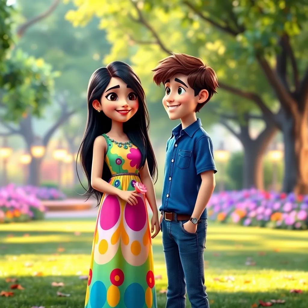 A beautiful tall girl, Layla, with long black hair in a colorful dress, standing in a vibrant park with a handsome prince, Adam, who has short brown hair, wearing a blue shirt and jeans, both smiling at each other, magical lighting, colorful scene, heartwarming moment, high quality