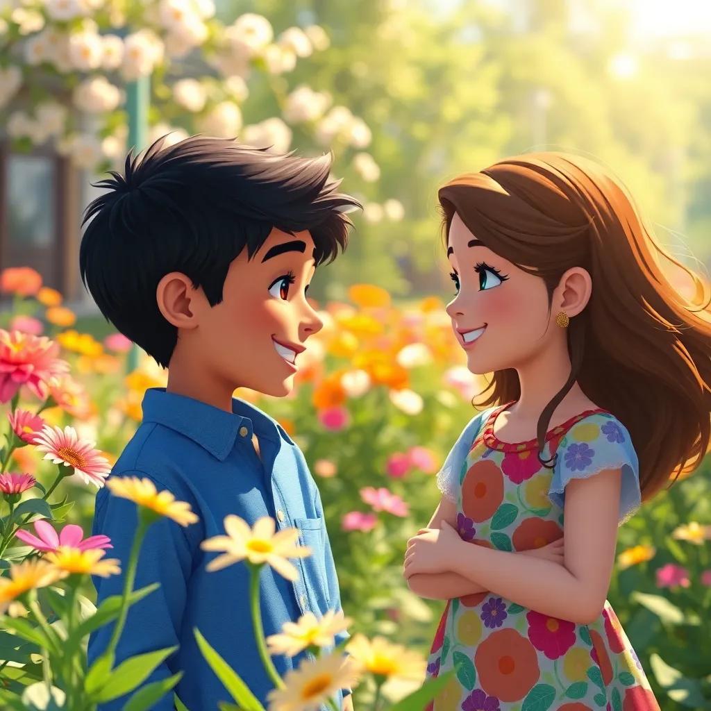 A sunny day in a school garden filled with blooming flowers, Yamen, a young Arab boy with short black hair and wearing a blue shirt, speaking gently to Lara, a young Arab girl with long brown hair and wearing a colorful dress, both smiling at each other, digital art, vibrant colors, cheerful atmosphere, high quality