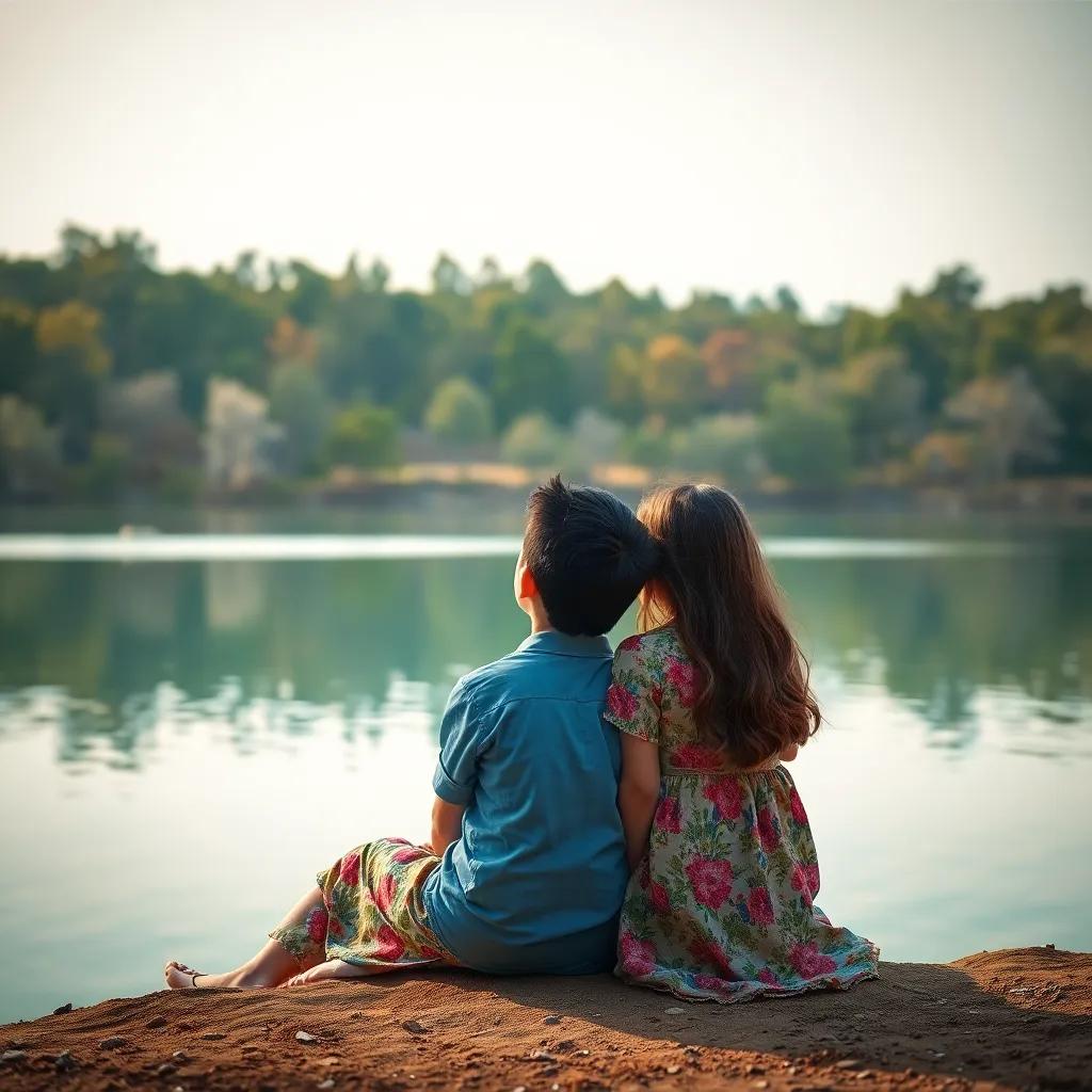 A beautiful lake surrounded by trees, Yamen, a young Arab boy with short black hair in a blue shirt, sitting beside Lara, a young Arab girl with long brown hair in a colorful dress, both dreaming of their future together, soft light, serene colors, storytelling vibe, high quality