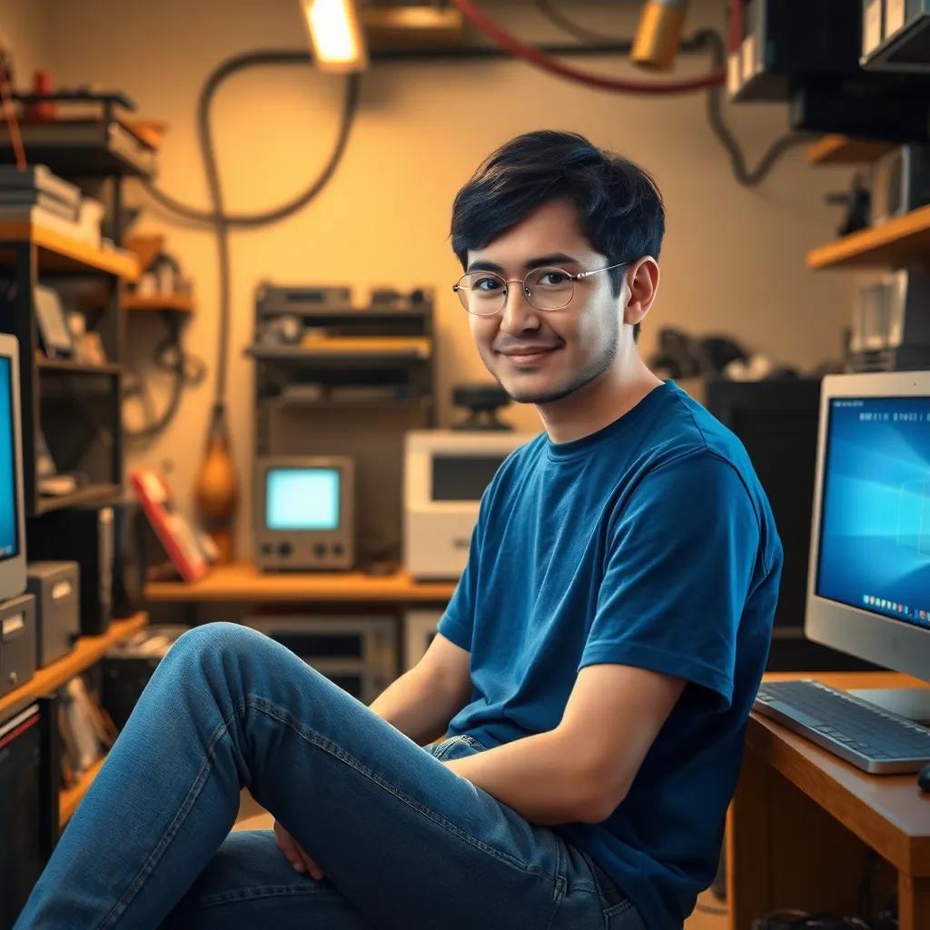 A young boy, Steve Jobs, with short black hair wearing a blue t-shirt and jeans, sitting in a small garage surrounded by electronic parts and computers, illustrating creativity and innovation, digital art, warm colors, cozy atmosphere, high quality