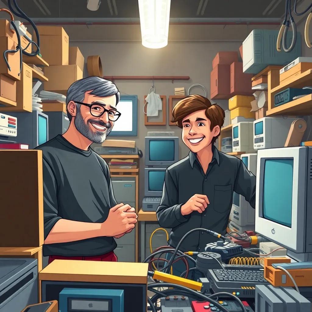 Steve Jobs and Steve Wozniak, young men with enthusiasm, working hard together in a cluttered garage filled with computers and tools, light shining from a window, showcasing dedication and perseverance, illustration, vibrant colors, engaging perspective, child-friendly