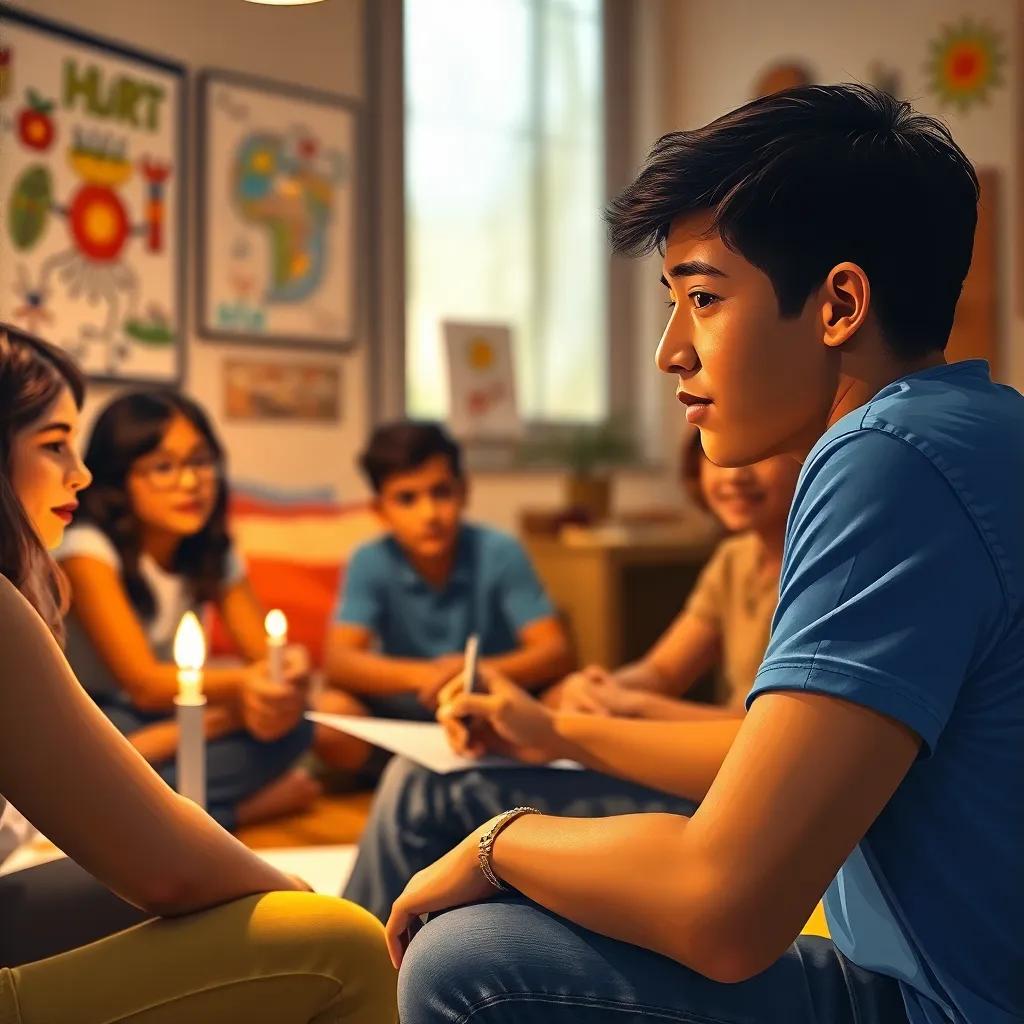 A young Arab boy, Ali, with short black hair, wearing a blue t-shirt and jeans, sitting with his friends planning a charity event in a cozy room, colorful drawings on the wall, warm light, friendly atmosphere
