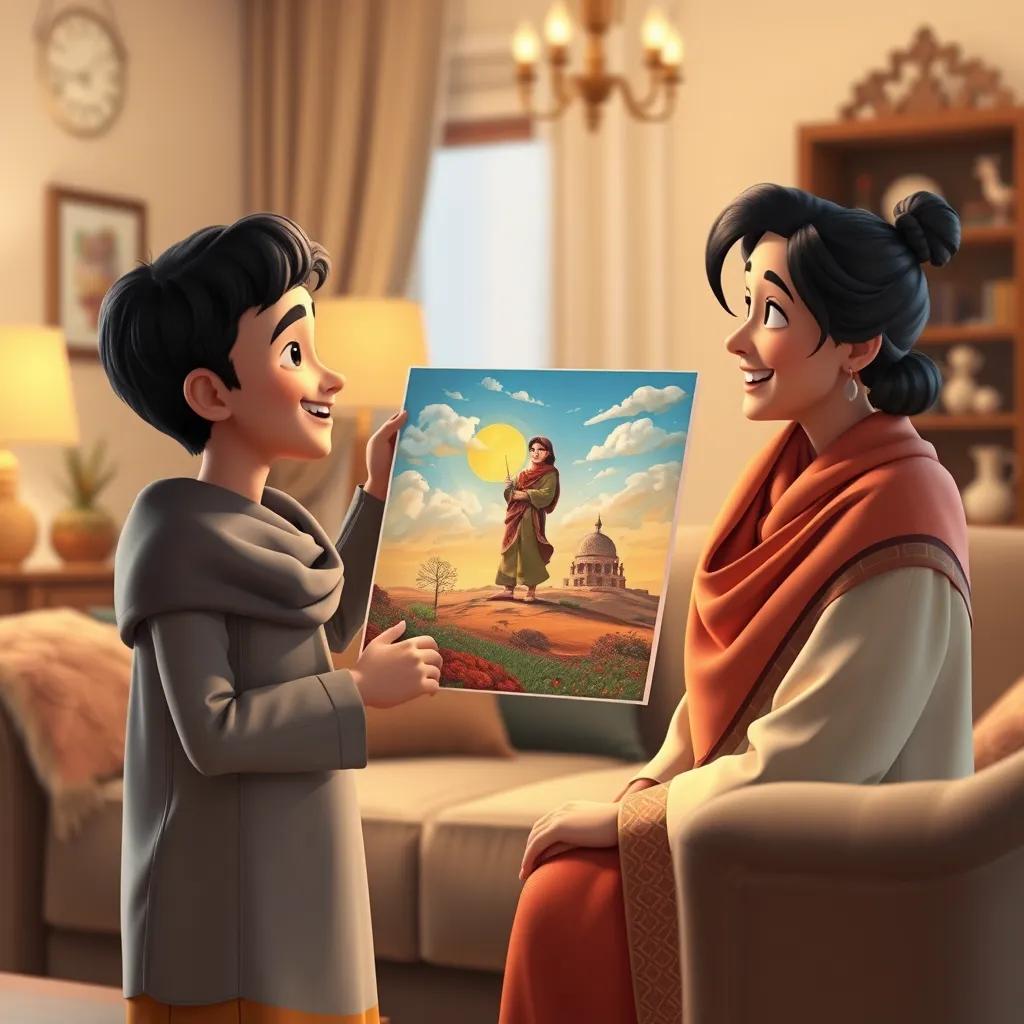 Ali, a young Arab boy with short black hair, presenting his beautiful painting to his smiling parents, in a cozy living room with decorations, heartwarming, soft light, comfortable, high quality
