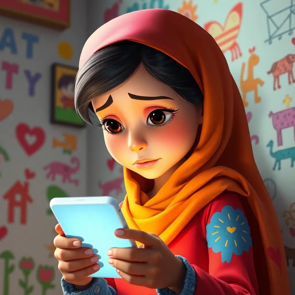 A young Arab girl, Basma, with bright colorful clothes, looking at a smartphone with a sad expression, surrounded by colorful drawings on the wall, warm light, heartfelt, storytelling view, high quality