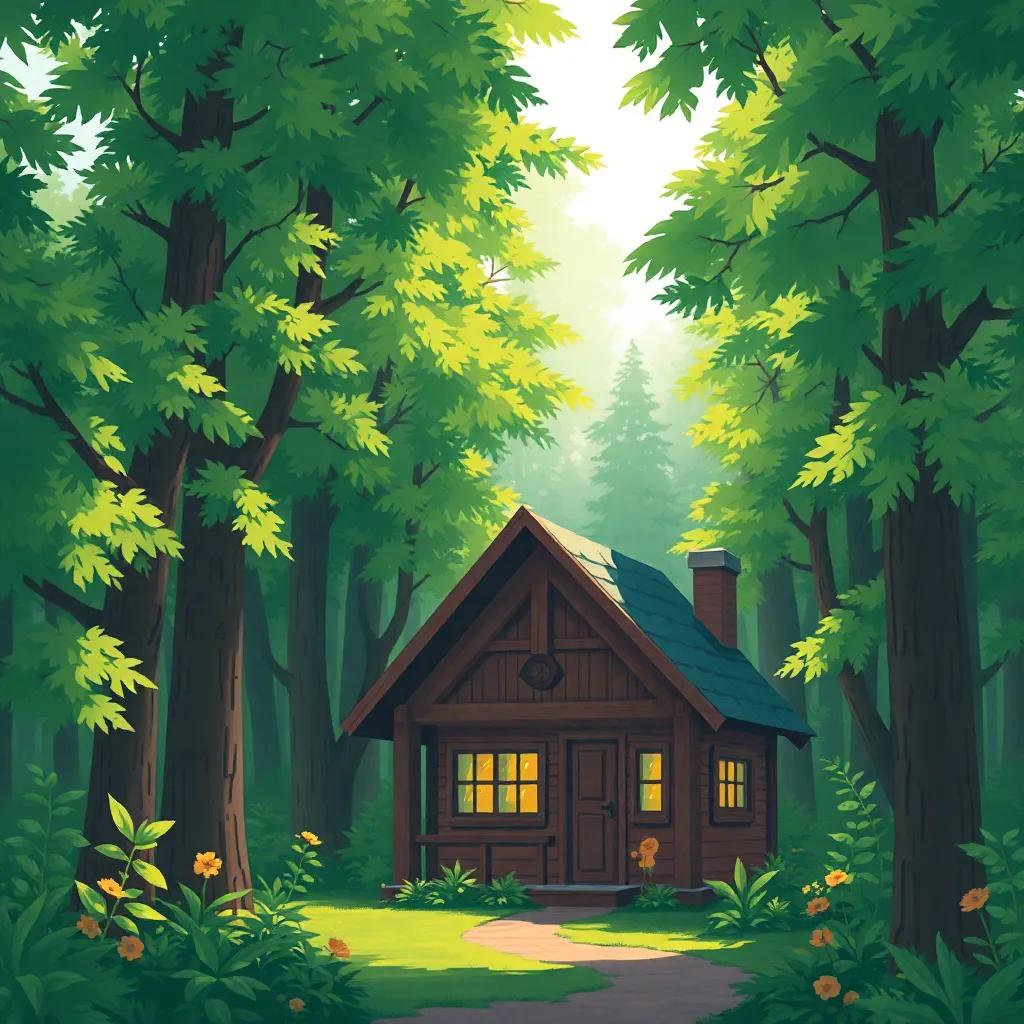 A beautiful girl, Basma, with long braids and a bright smile, living in a small house surrounded by tall green trees in a dense forest, soft sunlight filtering through the leaves, cheerful atmosphere, digital art, vibrant colors, inviting scene, high quality