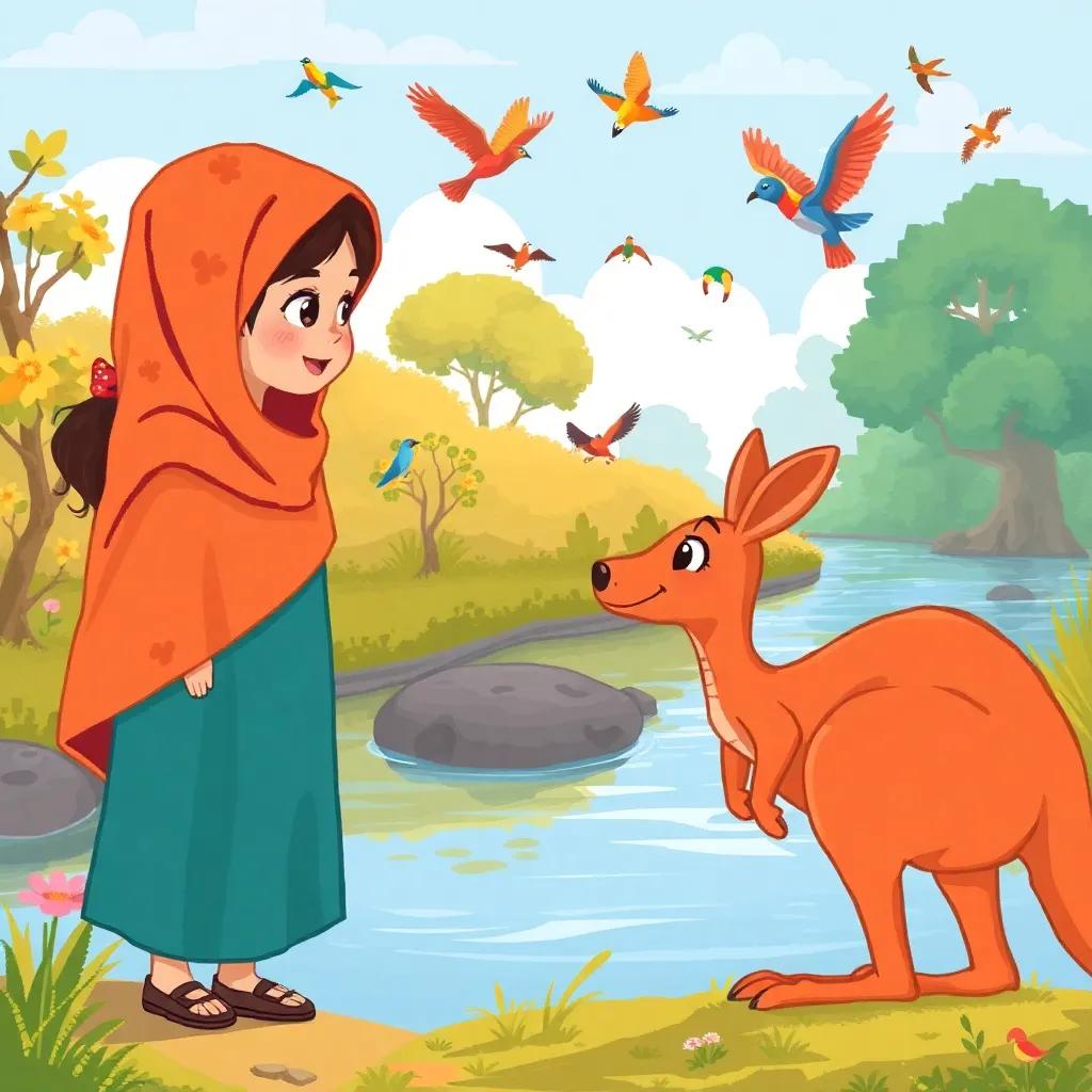 Basma and her brother Bassam, standing by a simple river, watching colorful birds and a kangaroo with a tiny baby, both amazed by nature's wonders, child-friendly illustration, joyful mood, warm colors, engaging perspective, lively scene