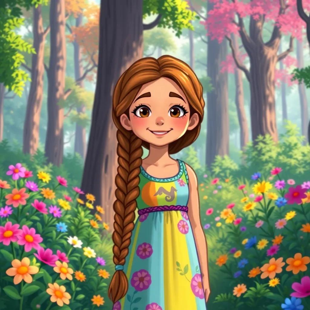 A cheerful young girl, Basma, with long braided hair, wearing a colorful dress, standing in a vibrant forest with tall trees and colorful flowers, digital art, bright and joyful, lively atmosphere, high quality