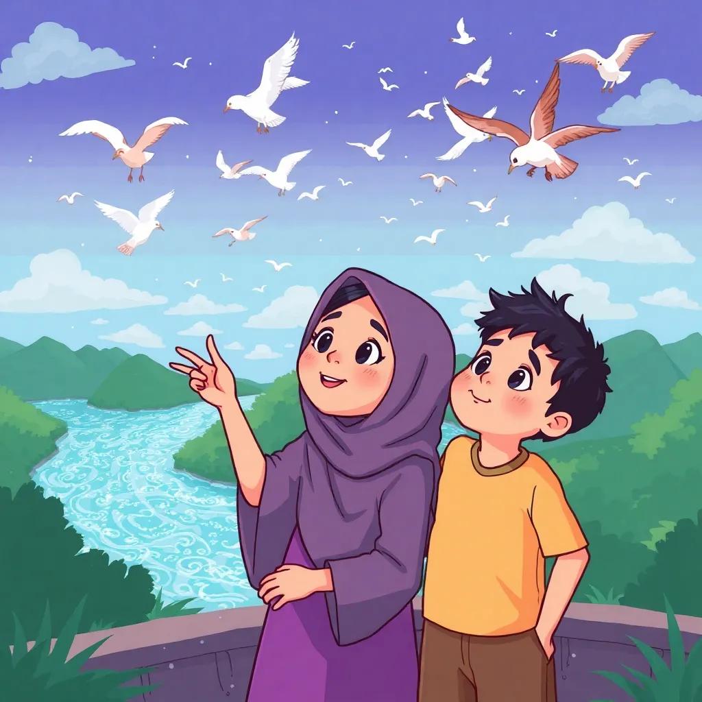 Basma and her brother, Bassam, observing the sky filled with birds, excited expressions on their faces, surrounded by lush greenery and a sparkling river, illustration, whimsical, cheerful vibe, child-friendly