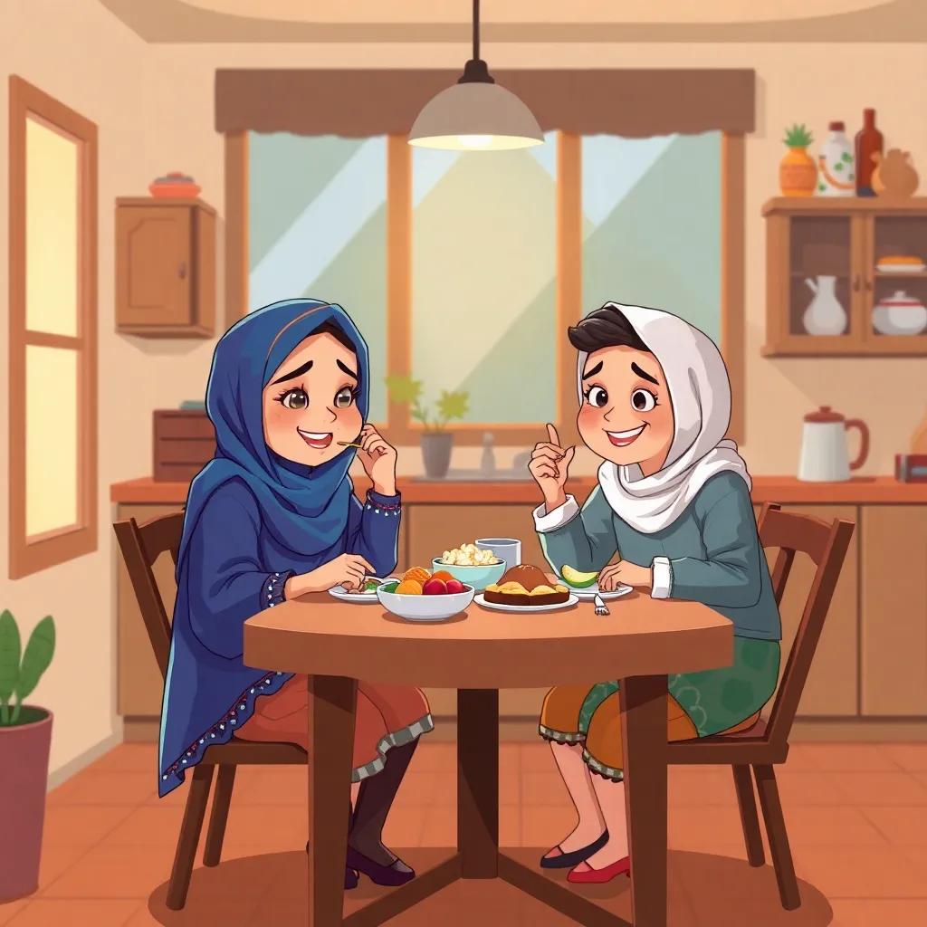 Basma and Bassam sitting at a cozy breakfast table, enjoying delicious food with a loving mother in a warm kitchen, happy atmosphere, homey feel, digital painting, warm colors, inviting