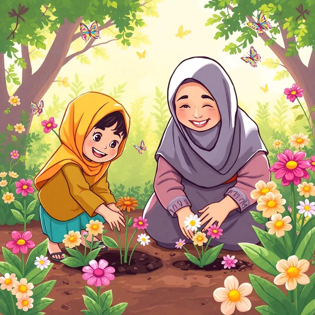 Basma and Bassam helping Grandma Noura in her garden, planting flowers with big smiles, surrounded by butterflies and sunlight, delightful scene, cheerful, detailed illustration