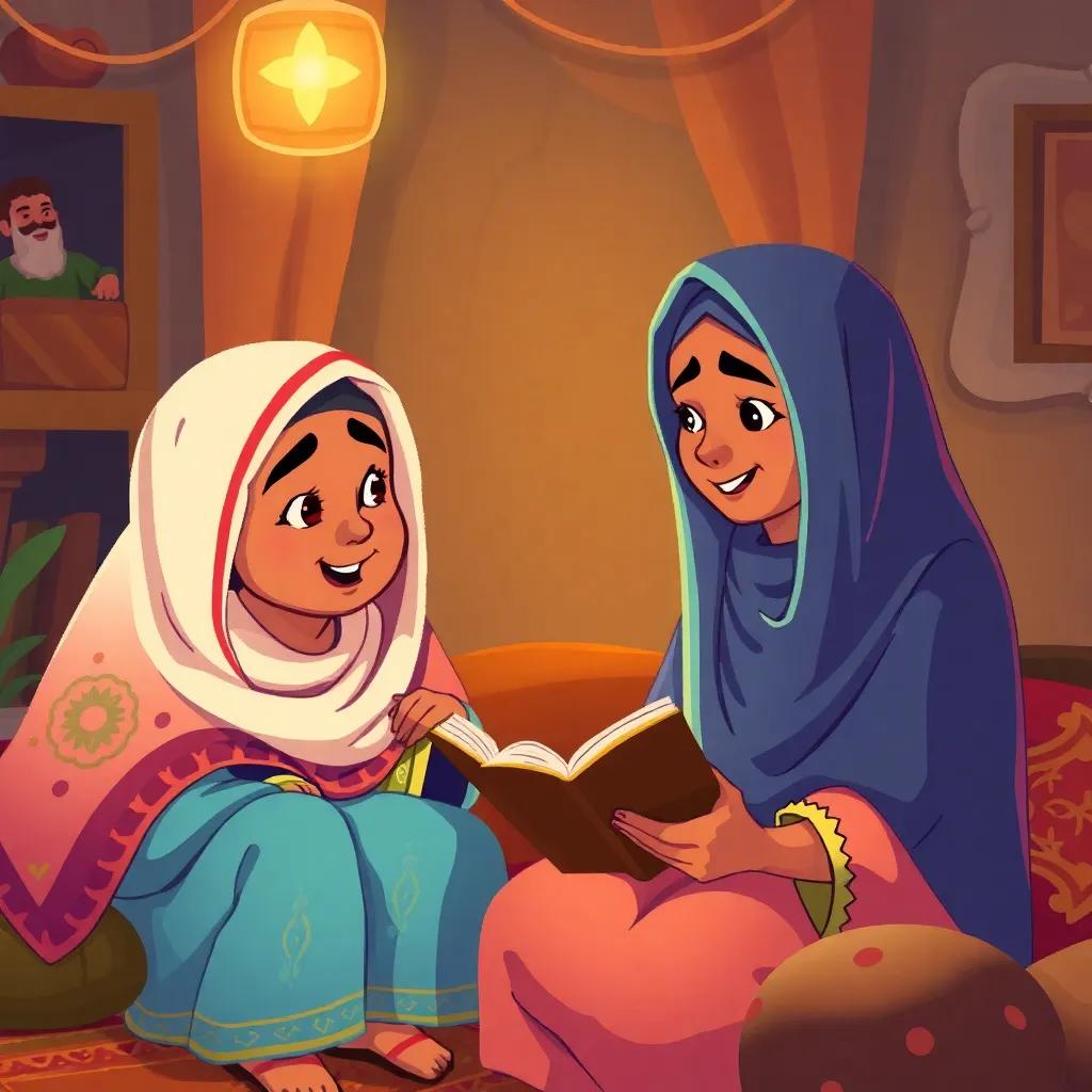 Grandma Noura telling stories of Arab heroes like Khalid Ibn Al-Walid to Basma and Bassam, animated expressions, cozy atmosphere with warm lighting, storytelling vibe, colorful