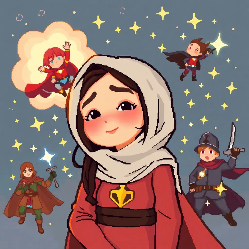 Basma dreaming of being a hero, surrounded by images of brave characters, sparkles around her, playful mood, magical feel, children’s book quality