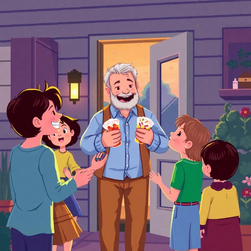 The father arriving home with sweets, excited family greeting him with joy, warm and loving environment, evening time, vibrant colors, homey illustration