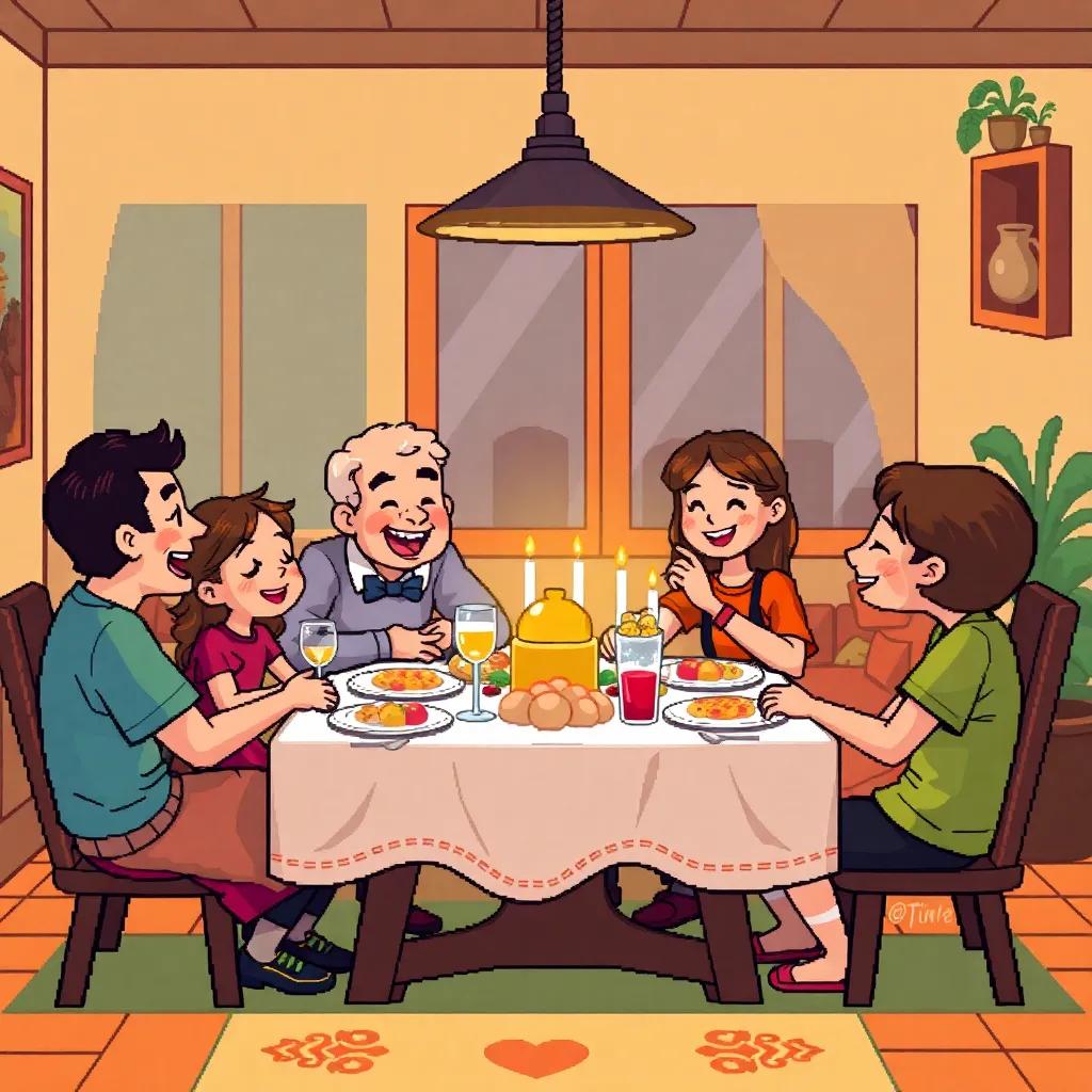 The family sitting together for dinner, sharing laughter and stories, filled with togetherness and love, cozy dining room setting, heartwarming art, colorful