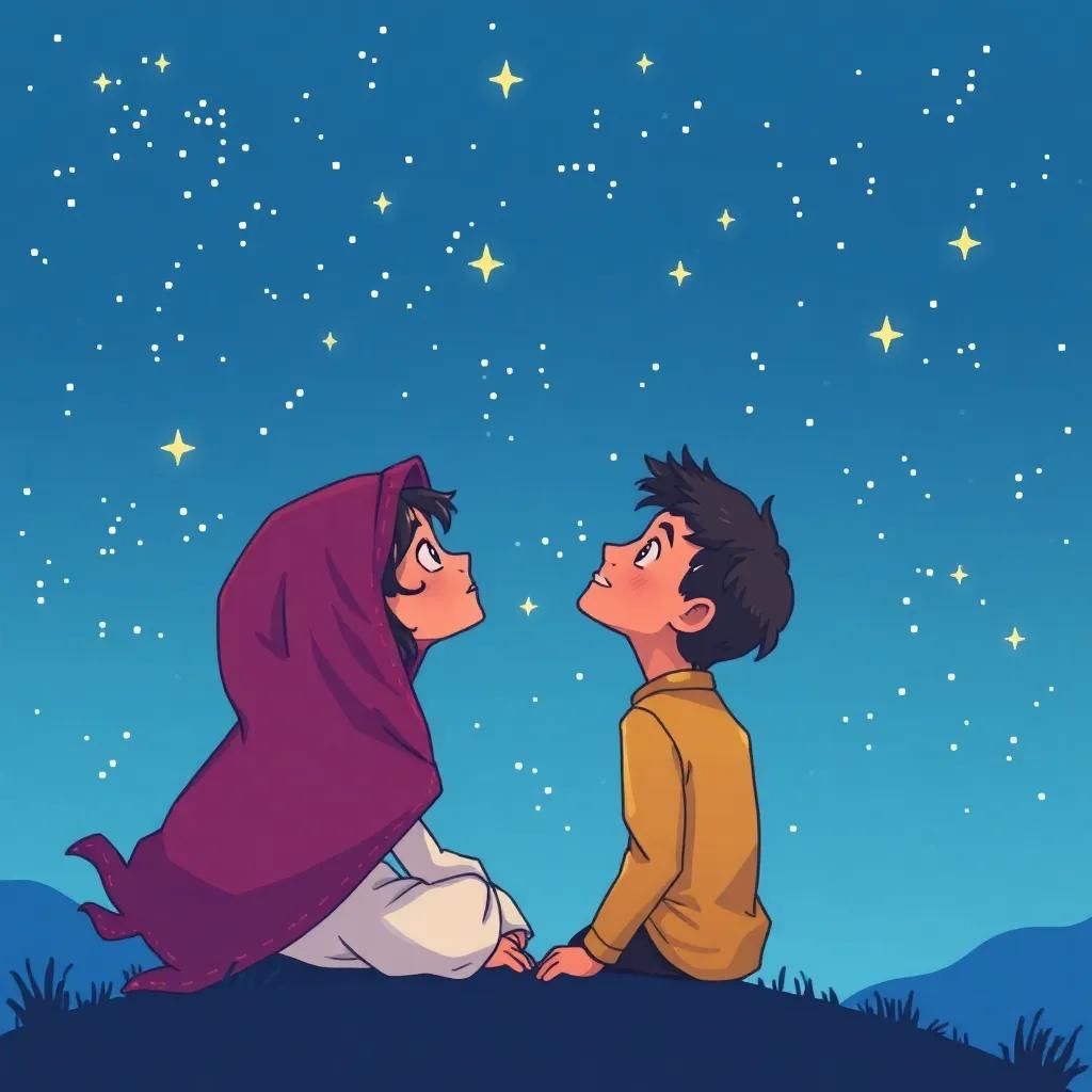 Basma and Bassam looking up at the clear night sky, whispering about the adventures awaiting them tomorrow, stars twinkling brightly, dreamy feel, enchanting illustration