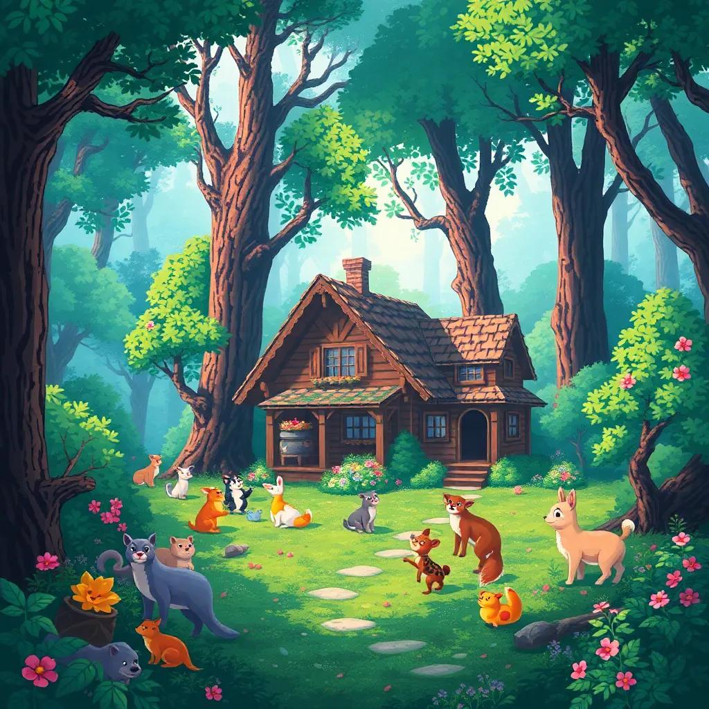 The lush forest around Basma's house, filled with joyful animals playing, reflecting peace and happiness, enchanting scenery, colorful, dreamy art.