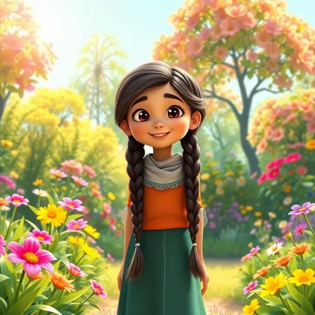 Basma, a young girl with long braids, standing in a sunny garden filled with flowers and lush green trees, cheerful expression, vibrant colors, playful atmosphere, high quality