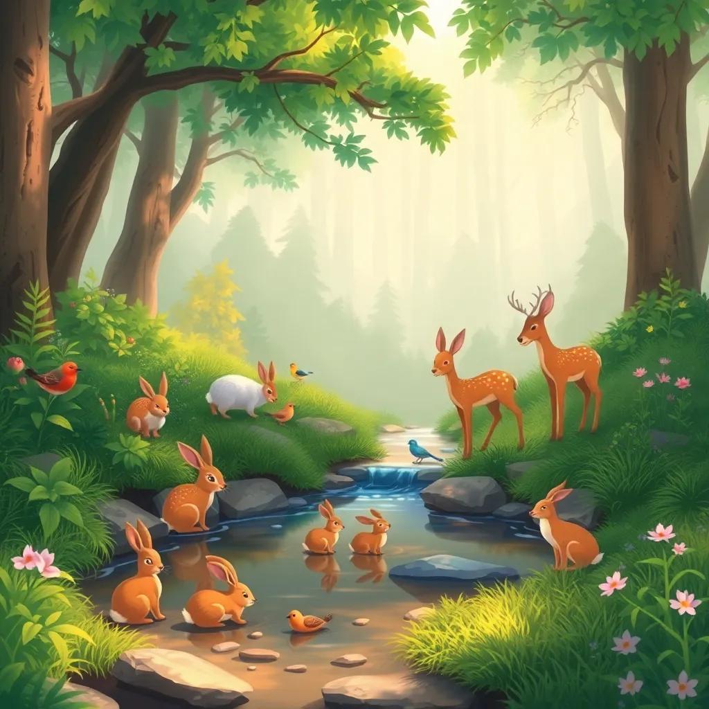 A serene view of a small stream with various animals like rabbits, birds, and deer drinking water, lush forest background, peaceful setting, illustration, warm light, child-friendly, colorful
