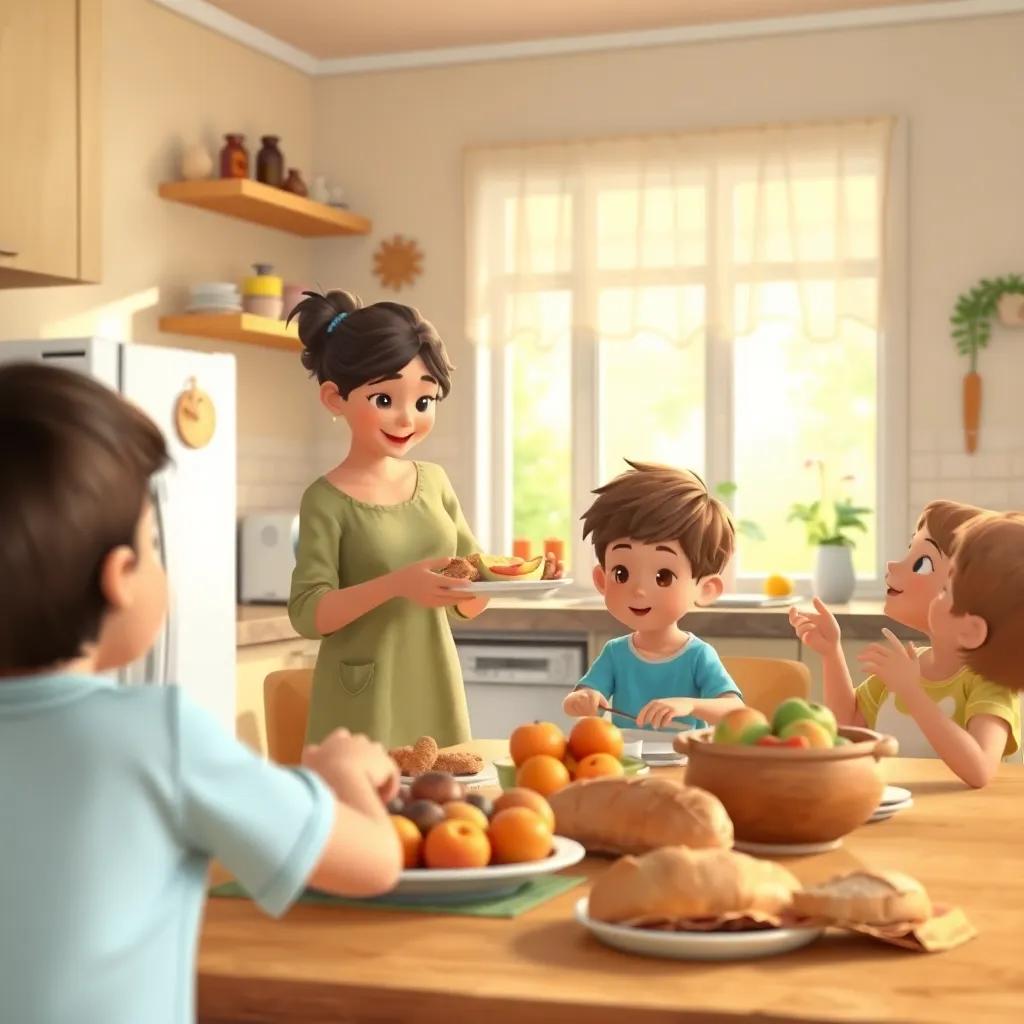 A cozy kitchen with a mother serving breakfast to her children, delicious fruits and bread on the table, bright, inviting atmosphere, family scene, digital art, warm tones