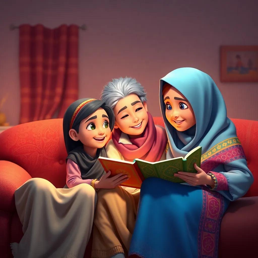 Basma and Bassam sitting with their grandmother Nora, who has gray hair and wears a colorful shawl, telling stories about Muslim heroes, vibrant storytelling scene, child-friendly, warm light, joyful
