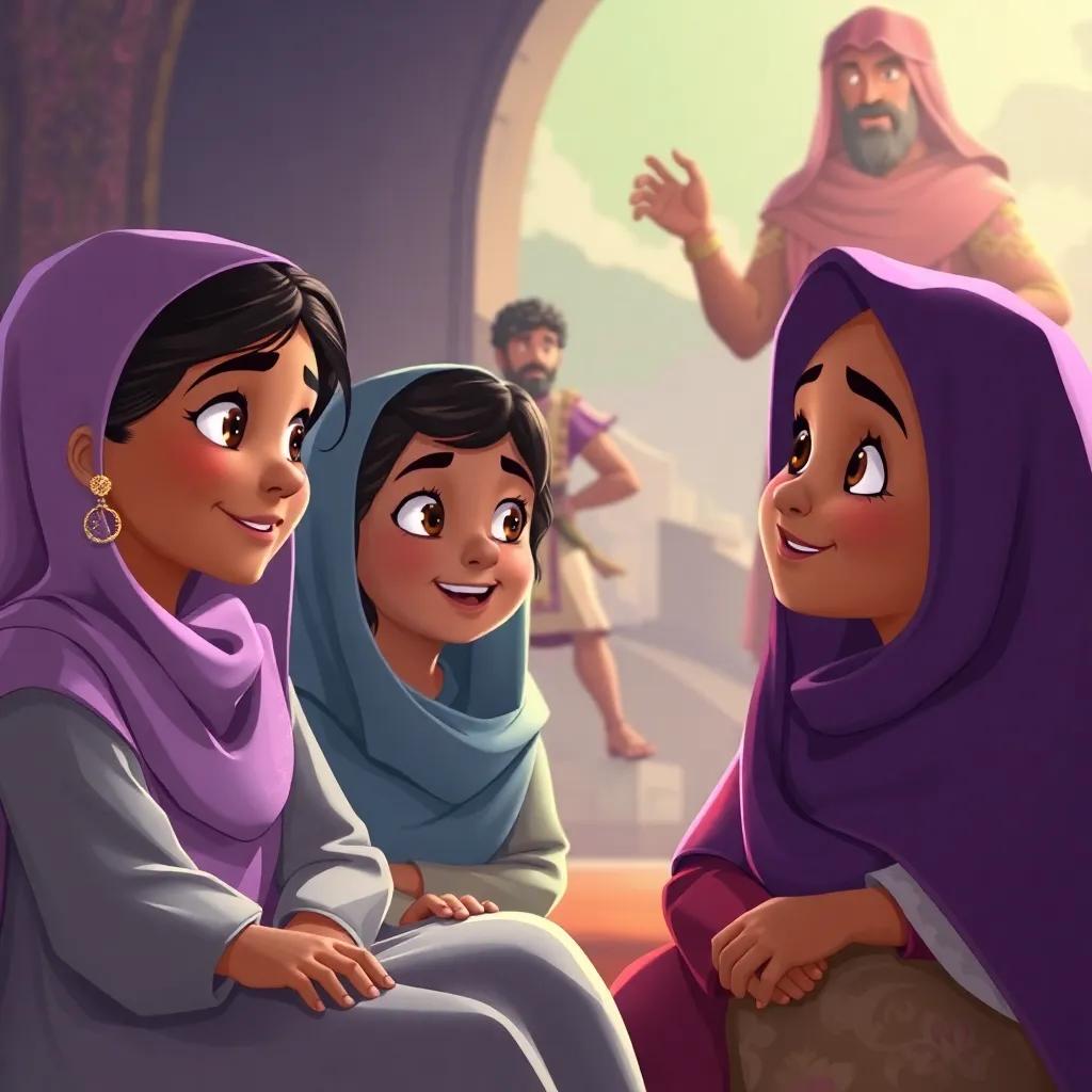 An exciting scene of Basma and Bassam eagerly listening to their grandmother, with illustrations of the hero Khalid ibn al-Walid in the background, colorful, imaginative, vibrant storytelling
