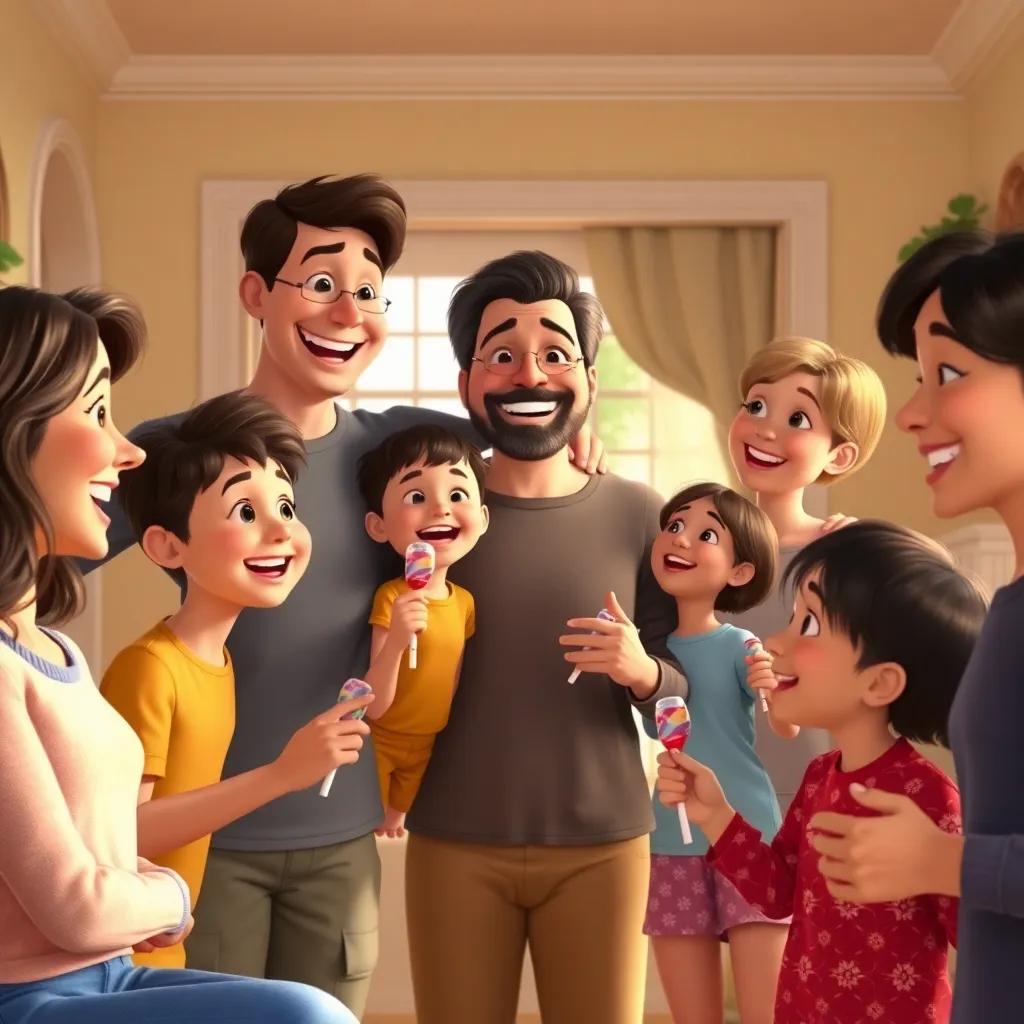 A joyful reunion scene as their father comes home with candy, everyone smiling and celebrating together, bright home interior, cheerful atmosphere, high-quality digital art