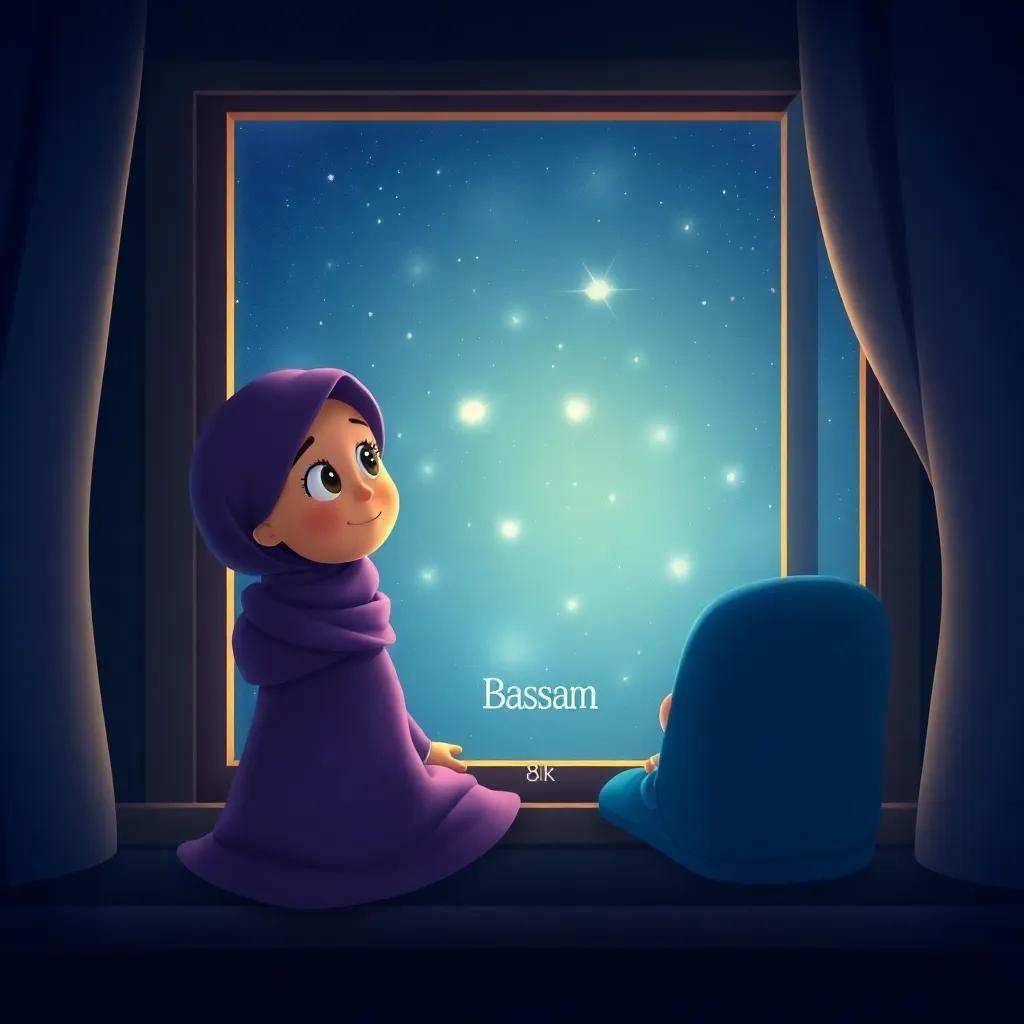 A peaceful night scene with Basma and Bassam looking at stars through their window, serene atmosphere, bright stars twinkling, child-friendly, enchanting view