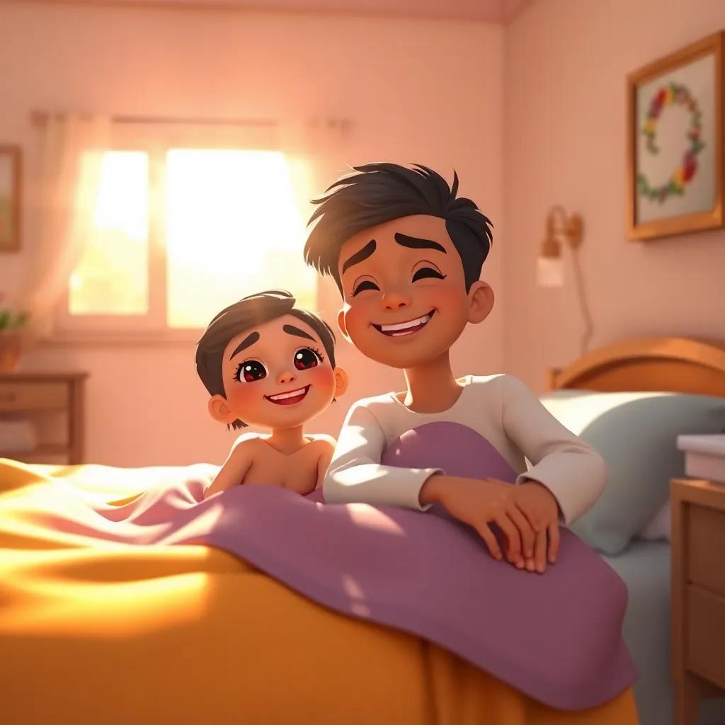 In the morning light, Basma and Bassam waking up with smiles, sunlight streaming into their room, bright and cheerful atmosphere, high quality