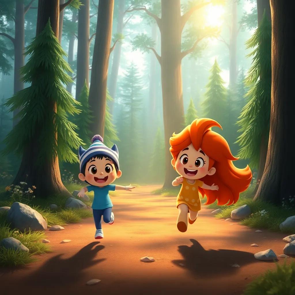An enchanting forest scene with Basma and Bassam running toward the sunlight, cheerful essence of a new day, vibrant colors, child-friendly, imaginative
