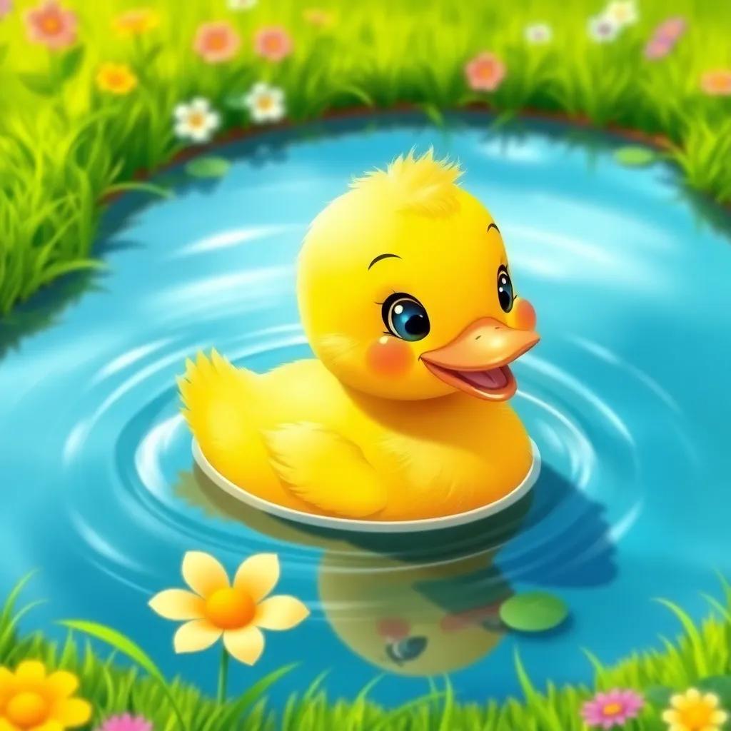 A lovely duck, with bright yellow feathers, swimming happily in a small lake, surrounded by lush green grass and colorful flowers, cheerful vibe, vivid colors, child-friendly, high detail