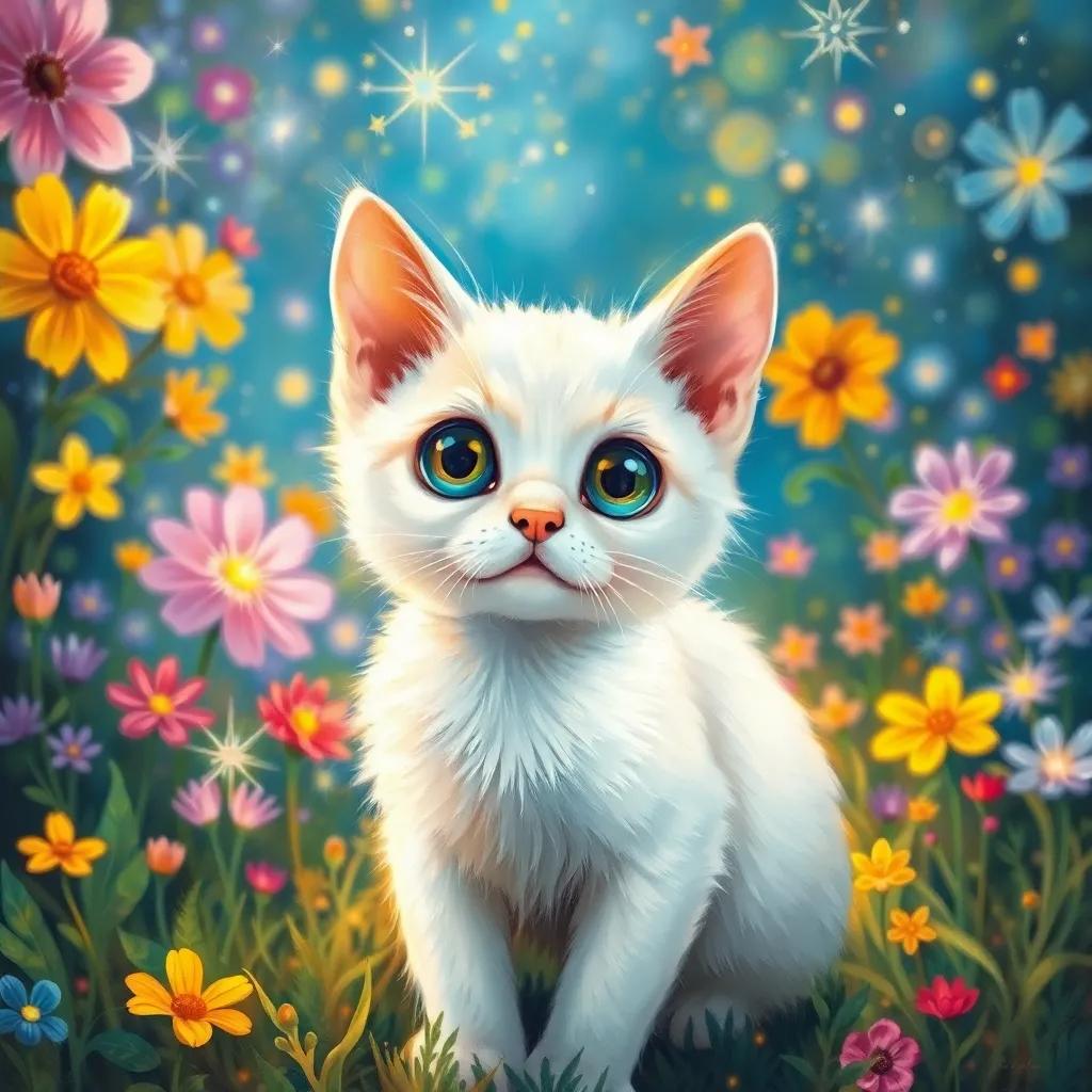 A small white cat named بسيط, with big curious eyes, standing in a magical garden full of colorful flowers and sparkling lights, vibrant and cheerful, bright sunshine, fantasy art, high quality