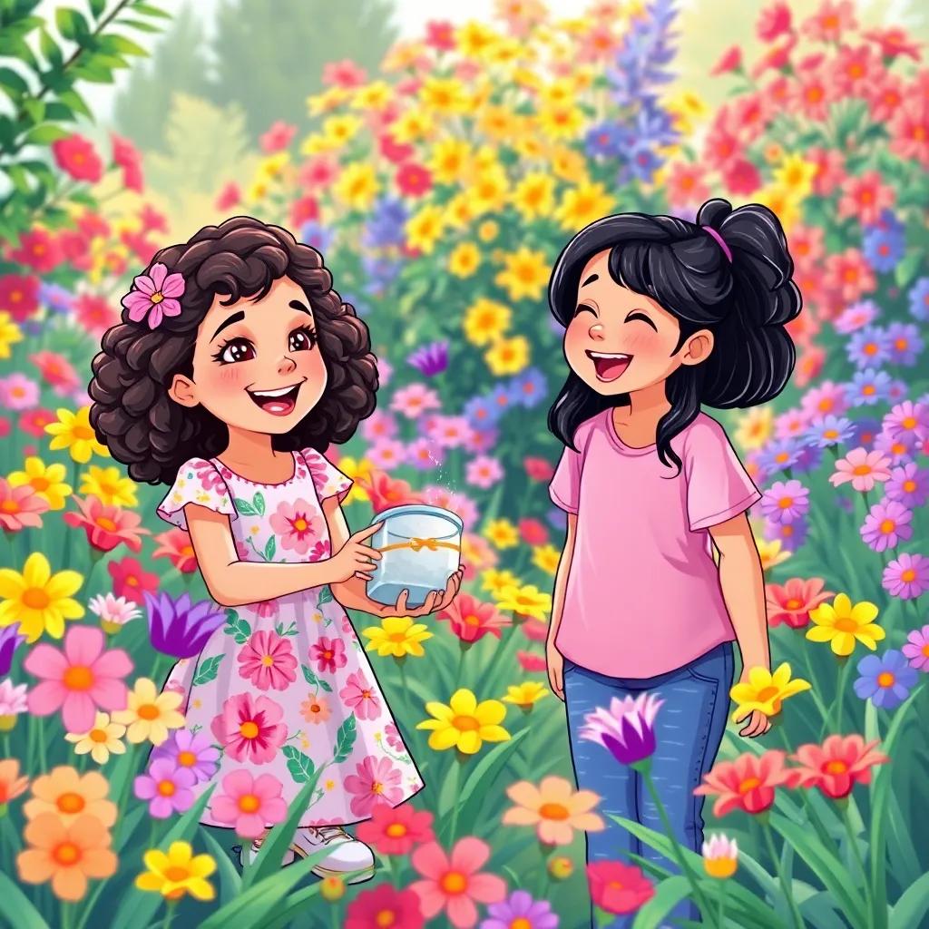 A vibrant garden filled with colorful flowers, featuring two young girls laughing together. One girl, Leila, has bright eyes and curly hair, wearing a floral dress, holding a scrub jar, while her friend Mariam, wearing a pink shirt and jeans, is excitedly looking at her. Illustration, cheerful, child-friendly scene, bright colors, happy atmosphere.