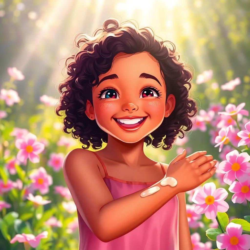 Leila, a young girl with bright eyes and curly hair, smiling widely as she applies a scrub on her arm in the garden, surrounded by blooming flowers. The sunlight shines down, creating a warm and inviting scene. Digital art, vibrant colors, bright light, joyful setting.